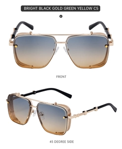 Detail of square gold metal sunglasses with double bridge and gradient lenses
