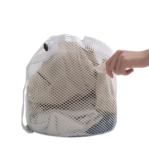 Large white mesh laundry bag with drawstring closure for washing machine protection