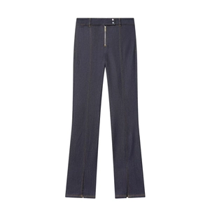 Deep blue high-waisted denim trousers with front zipper and stylish split hem design