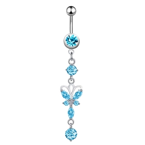Detailed close-up of a silver belly ring featuring a sparkling blue zircon butterfly pendant