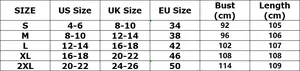 Gedetailleerde maattabel voor asymmetrische jurk met US, UK en EU maten in centimeters