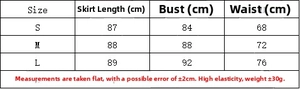 Detailed size chart for white French V-neck mini dress showing bust and length measurements