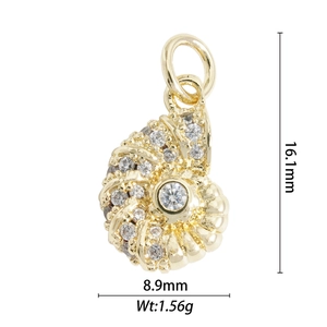 Detailed view of a gold seashell pendant with zircons, size 16.1mm x 8.9mm, weight 1.56g