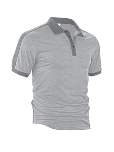 Detailed view of grey short-sleeved Polo shirt with contrast dark grey collar and cuffs