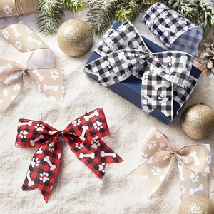 Christmas buffalo plaid dog paw ribbons and bows for holiday DIY gift tree decoration