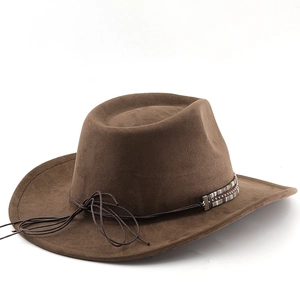 Detail of dark brown suede cowboy hat featuring studded braided band and rope accent