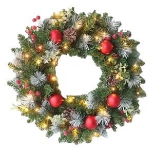 Artificial Christmas Wreath With LED Lights Red Berries PE Leaves And Natural Pine Cones For Door Wall Decor