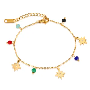 Fashion Stainless Steel Eight-pointed Star Charm Bracelet For Women Gold Plated Colorful Beads Zirconia Inlaid Adjustable Chain Jewelry