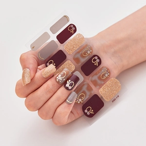 Laser gold nail stickers with burgundy and grey glitter patterns model DQ3-115