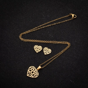 Golden geometric hollow heart necklace and stud earrings set in polished stainless steel