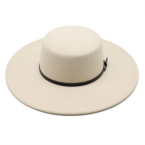 Detail of off-white wool fedora hat featuring a stylish black leather band with metal buckle
