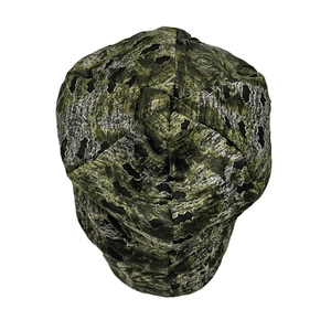 Close-up detail of distressed camouflage knit beanie with stylish hollow-out ripped design