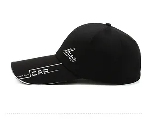Side view of black canvas baseball cap with white Sport Style CAP embroidery