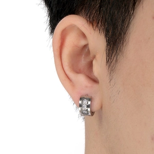 Men's minimalist silver stainless steel C-shaped huggie earring with three zircon stones
