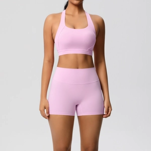 Rosa Yoga-Sport-BH und Set aus High-Waist-Shorts mit breitem, elastischem Stützband