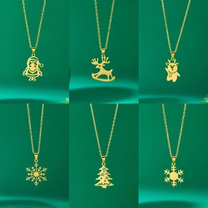 Stainless Steel Christmas Necklace Santa Claus Reindeer Snowflake Hollow Pendant Festive Jewelry Women Men