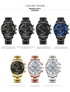 Vista macro de siete relojes para hombre con varios colores de esfera y correa de cuero
