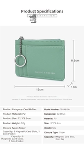Detail view of mint green PU coin purse with metal keychain and 8 card slots