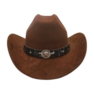Close-up of brown cowboy hat with black band and decorative silver lion head buckle