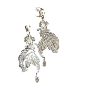 Silver koi fish drop earrings with filigree hollow design and waterdrop beads