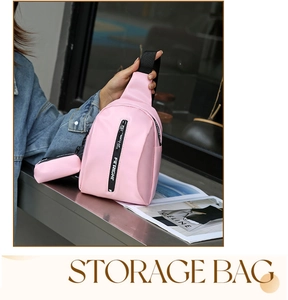 Detail of pink chest bag with vertical zipper and matching coin pouch storage