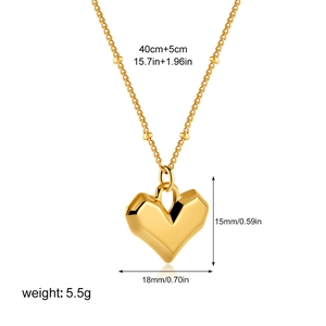 Minimalist 18K gold stainless steel heart pendant necklace with 3D geometric facets