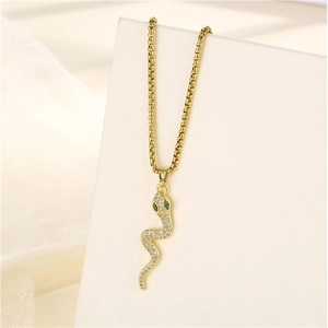 Snake Pendant Necklace Stainless Steel Rhinestone Encrusted Green Gemstone Eyes Trendy Fashion Jewelry For Women