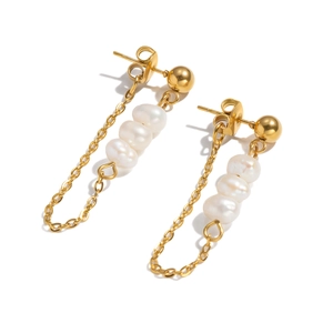 Elegant gold-plated stud earrings with delicate freshwater pearl tassels on white background