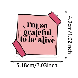 Pink self-affirmation sticker dimensions of 5.18cm by 4.9cm with a grateful quote