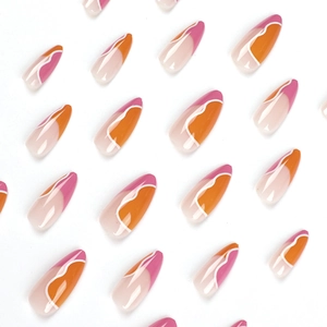 French almond press-on nails with pink orange color block and white wave pattern