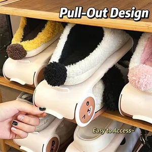 Adjustable cream shoe stacker with cartoon bear design and pull-out storage handle