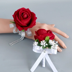 Artificial Rose Boutonniere And Wrist Corsage Velvet Satin Flower For Wedding Party Groom Bride Bridesmaid Rhinestone Decor