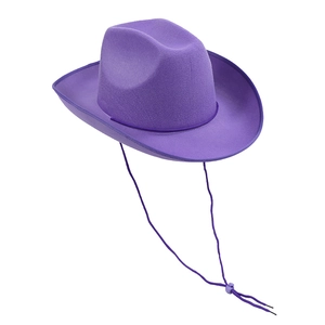 Detail eines lila Cowboyhuts aus Filz mit einer verstellbaren, passenden Kinnkordel