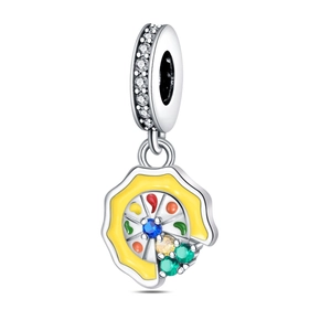 Detailed view of colorful pizza charm with vibrant zircons and silver enamel base