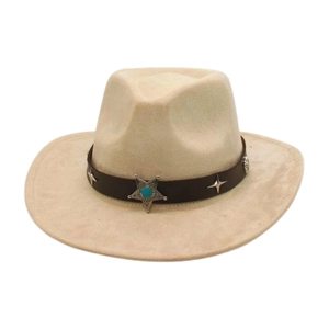Chapeau de cowboy beige en daim avec bande en cuir cloutée et étoile turquoise