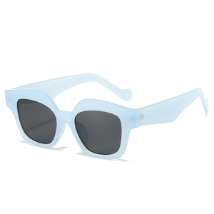 Stylish square light blue sunglasses with dark grey lenses in a 3/4 side view angle