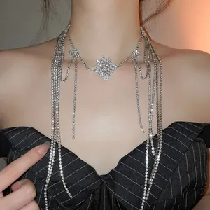 Elegant silver tassel zircon necklace with layered crystal strands for evening party wear