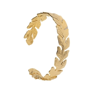 Adjustable golden leaf-shaped stainless steel open bangle bracelet for women