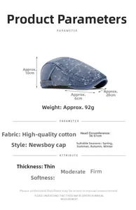 Detailed size chart for blue denim ivy cap with 56-61cm adjustable head circumference