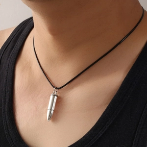Bullet Pendant Necklace Zinc Alloy Silver Tone Black Cord Punk Rock Fashion Minimalist Jewelry For Men Women