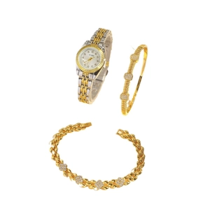 Damen Uhrenset aus Gold und Silberstahl mit Kristallarmband und Kleeblatt-Schmuckset