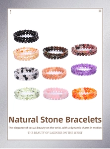 Macro view of double-layer natural stone bracelets showing crystal beads and textures