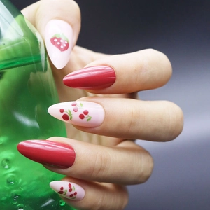 Almond Press On Nails Strawberry Cherry Pattern Red Pink Glossy Sweet Style For Women