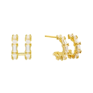 Double row gold hoop earrings with sparkling rectangular cubic zirconia on white background