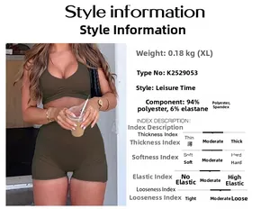 Detail view of brown V-neck crop top and high-waist shorts set in polyester blend fabric