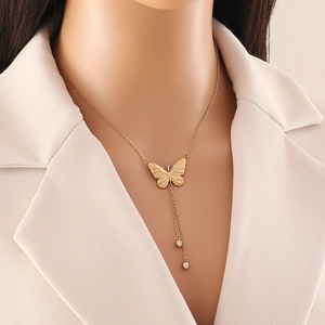 Butterfly Tassel Long Necklace Stainless Steel Rhinestone Pendant Y-Shape Lariat Chain Fashion Jewelry For Women