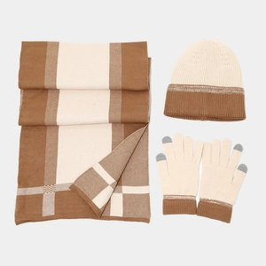 Three-piece winter knit set with thick scarf, hat, and touch-screen gloves in brown and beige