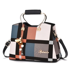 Stylish large capacity tote bag with plaid design and golden metal handles for women