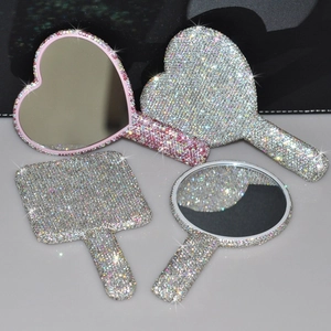 Rhinestone Handheld Makeup Mirror And Hairbrush Heart Round Square Portable Bling Crystal Sparkly Vanity Beauty Tools