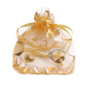 Close-up of golden organza gift pouch with shiny gold and silver heart prints and drawstring